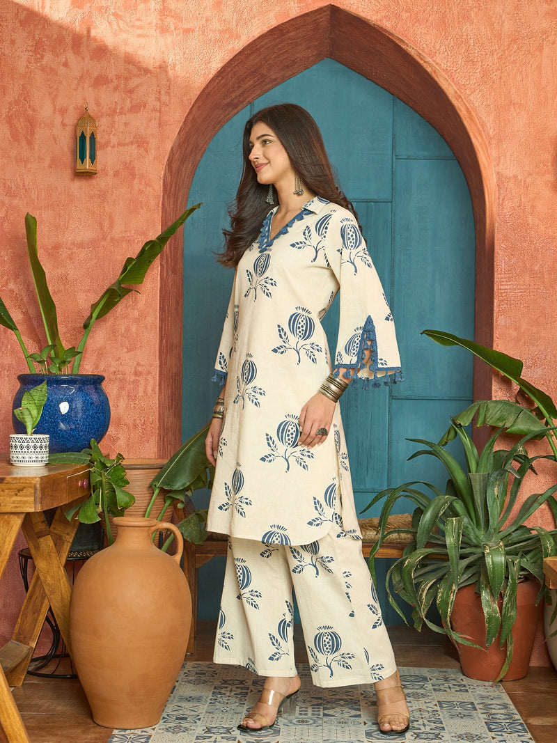 Stylum Women's Blue Printed Cotton Straight Kurta Pant Set (KPBLUEBLOOM)