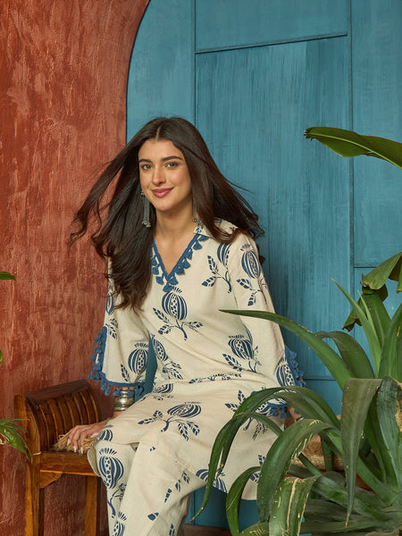 Stylum Women's Blue Printed Cotton Straight Kurta Pant Set (KPBLUEBLOOM)