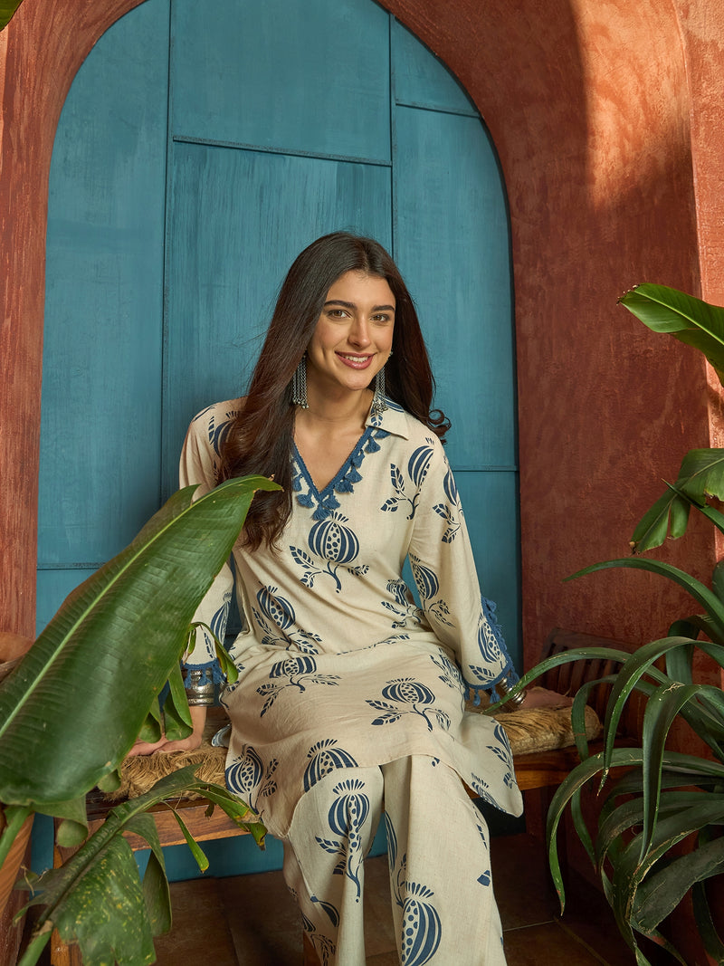 Stylum Women's Blue Printed Cotton Straight Kurta Pant Set (KPBLUEBLOOM)