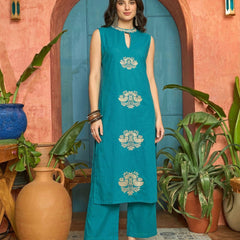 Stylum Women's Blue Solid & Embroidered Cotton Straight Kurta Pant Set (KPBLUECIPLA)