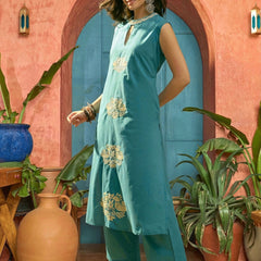 Stylum Women's Blue Solid & Embroidered Cotton Straight Kurta Pant Set (KPBLUECIPLA)