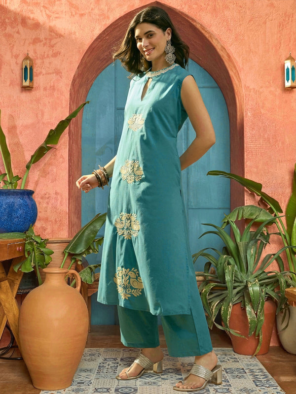 Stylum Women's Blue Solid & Embroidered Cotton Straight Kurta Pant Set (KPBLUECIPLA)