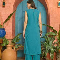 Stylum Women's Blue Solid & Embroidered Cotton Straight Kurta Pant Set (KPBLUECIPLA)
