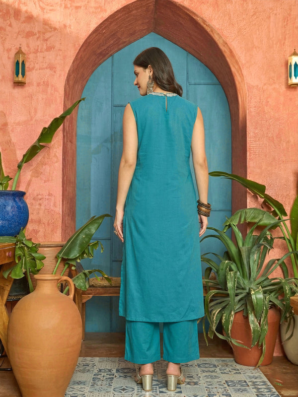 Stylum Women's Blue Solid & Embroidered Cotton Straight Kurta Pant Set (KPBLUECIPLA)