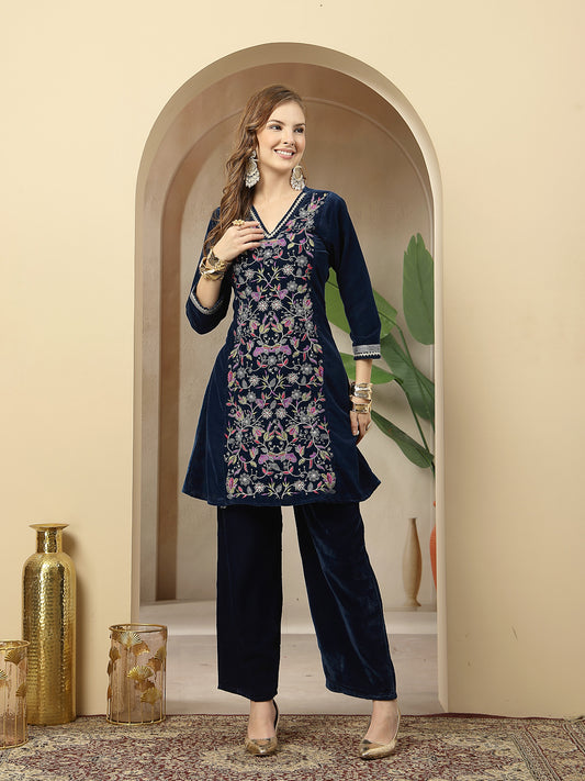 Stylum Women's Blue Solid & Embroidered Velvet A-Line Kurta Pant Set (KPBLUEFORTUNE)