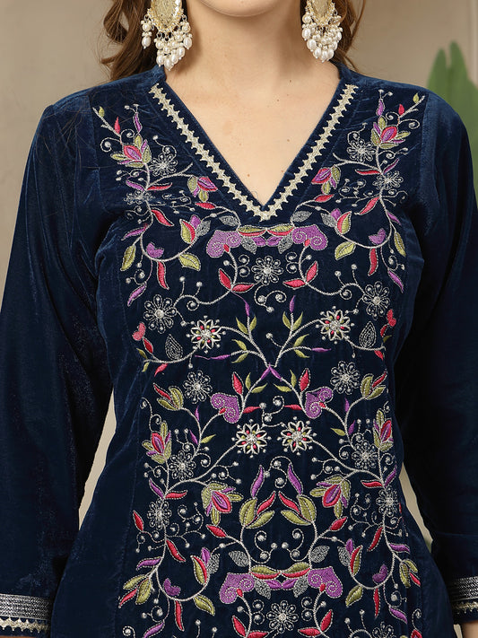 Stylum Women's Blue Solid & Embroidered Velvet A-Line Kurta Pant Set (KPBLUEFORTUNE)