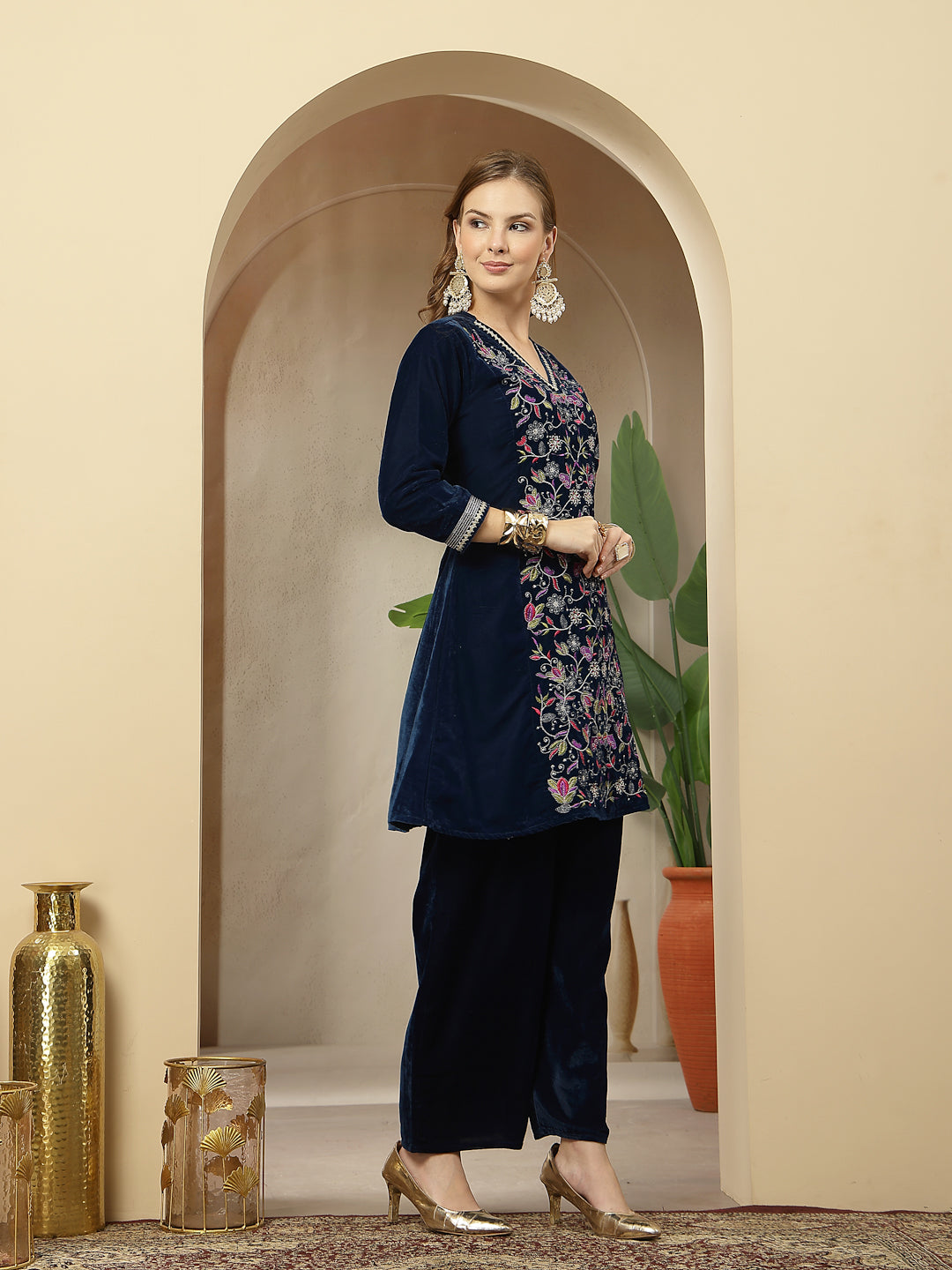 Stylum Women's Blue Solid & Embroidered Velvet A-Line Kurta Pant Set (KPBLUEFORTUNE)
