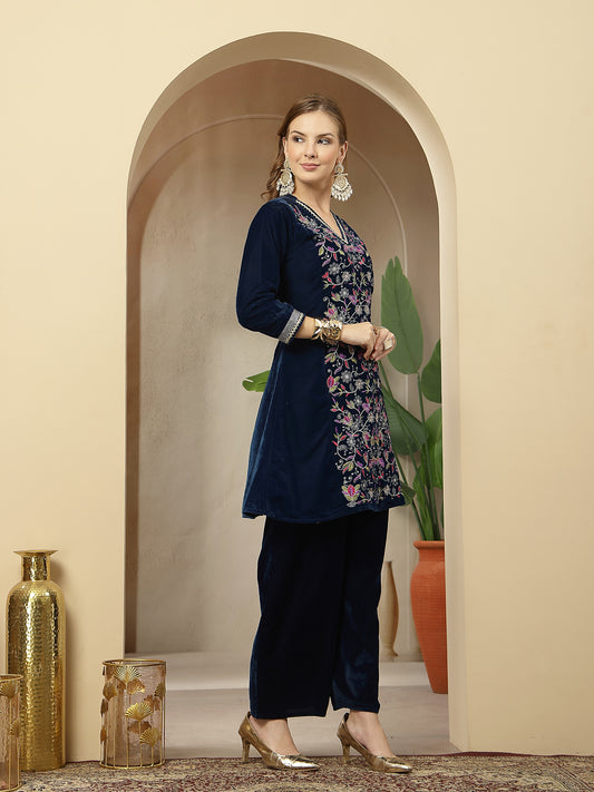 Stylum Women's Blue Solid & Embroidered Velvet A-Line Kurta Pant Set (KPBLUEFORTUNE)