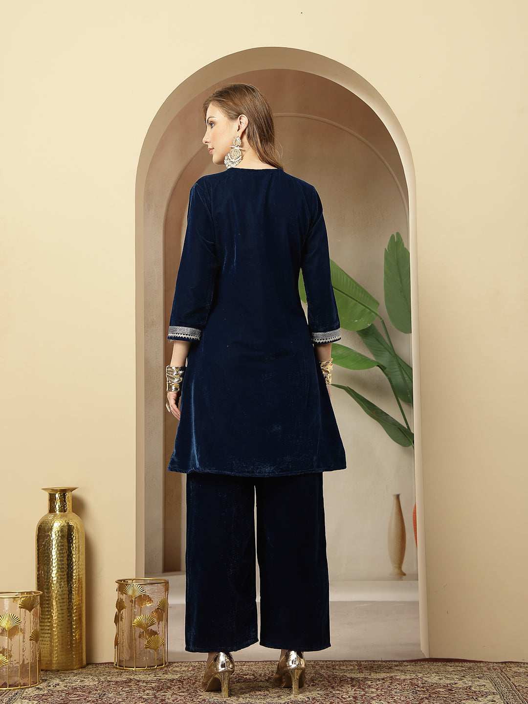 Stylum Women's Blue Solid & Embroidered Velvet A-Line Kurta Pant Set (KPBLUEFORTUNE)