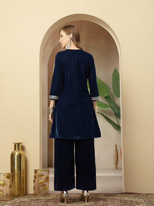 Stylum Women's Blue Solid & Embroidered Velvet A-Line Kurta Pant Set (KPBLUEFORTUNE)
