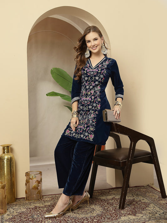 Stylum Women's Blue Solid & Embroidered Velvet A-Line Kurta Pant Set (KPBLUEFORTUNE)