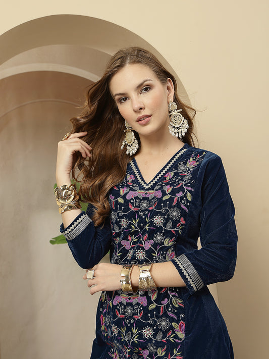 Stylum Women's Blue Solid & Embroidered Velvet A-Line Kurta Pant Set (KPBLUEFORTUNE)