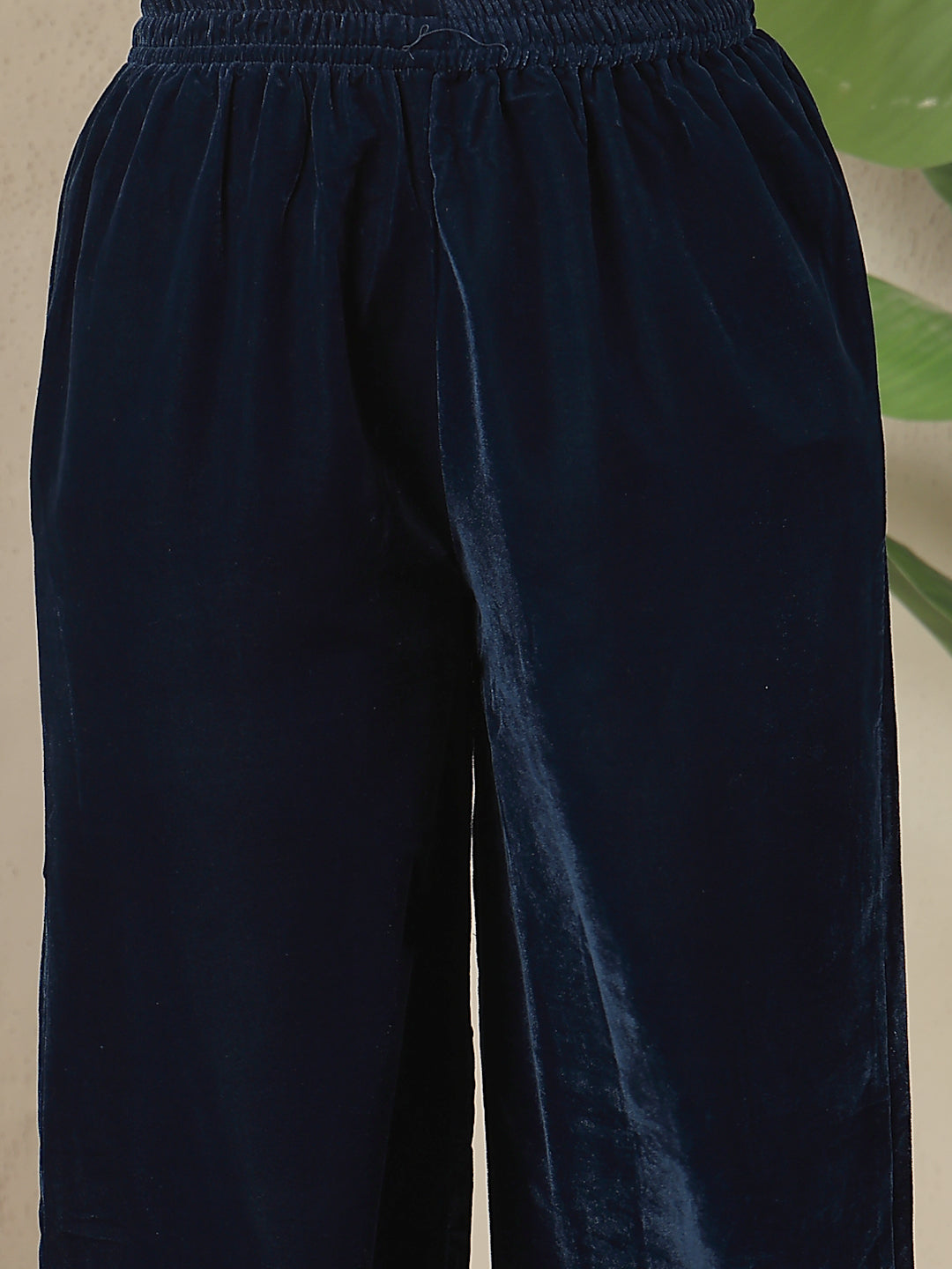 Stylum Women's Blue Solid & Embroidered Velvet A-Line Kurta Pant Set (KPBLUEFORTUNE)