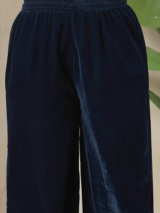 Stylum Women's Blue Solid & Embroidered Velvet A-Line Kurta Pant Set (KPBLUEFORTUNE)