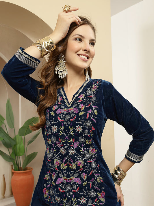 Stylum Women's Blue Solid & Embroidered Velvet A-Line Kurta Pant Set (KPBLUEFORTUNE)