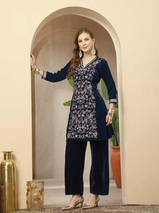 Stylum Women's Blue Solid & Embroidered Velvet A-Line Kurta Pant Set (KPBLUEFORTUNE)