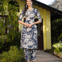 Stylum Women's Blue Tropical Printed Katha Cotton Straight Kurta Pant Set (KPBLUEGEMIN)