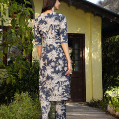 Stylum Women's Blue Tropical Printed Katha Cotton Straight Kurta Pant Set (KPBLUEGEMIN)