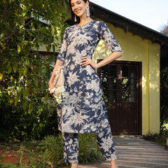Stylum Women's Blue Tropical Printed Katha Cotton Straight Kurta Pant Set (KPBLUEGEMIN)
