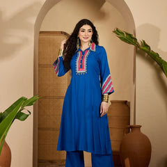 Stylum Women's Blue Solid & Embroidered Rayon A-Line Kurta Pant Set (KPBLUEIDAL)