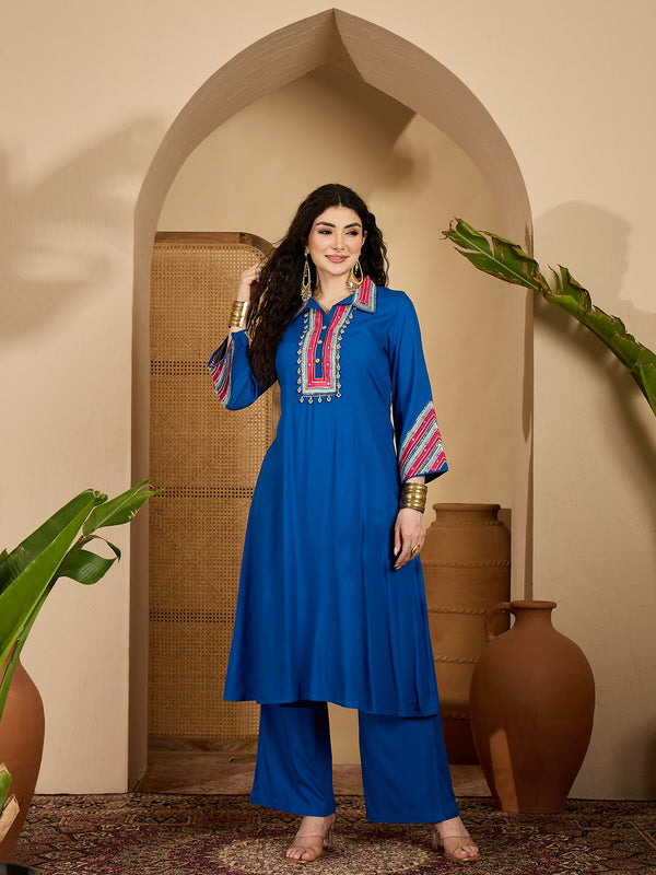 Stylum Women's Blue Solid & Embroidered Rayon A-Line Kurta Pant Set (KPBLUEIDAL)