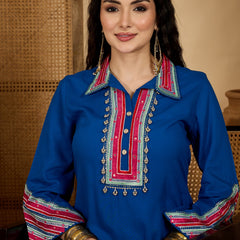 Stylum Women's Blue Solid & Embroidered Rayon A-Line Kurta Pant Set (KPBLUEIDAL)