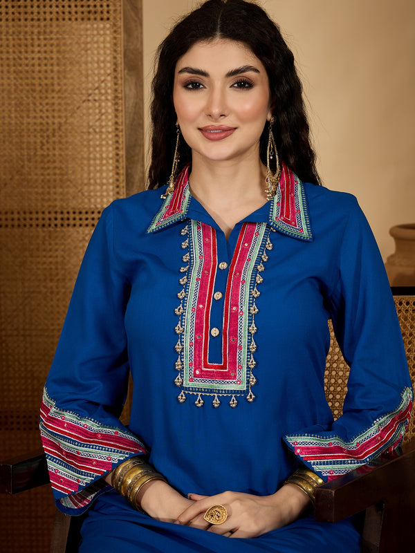 Stylum Women's Blue Solid & Embroidered Rayon A-Line Kurta Pant Set (KPBLUEIDAL)