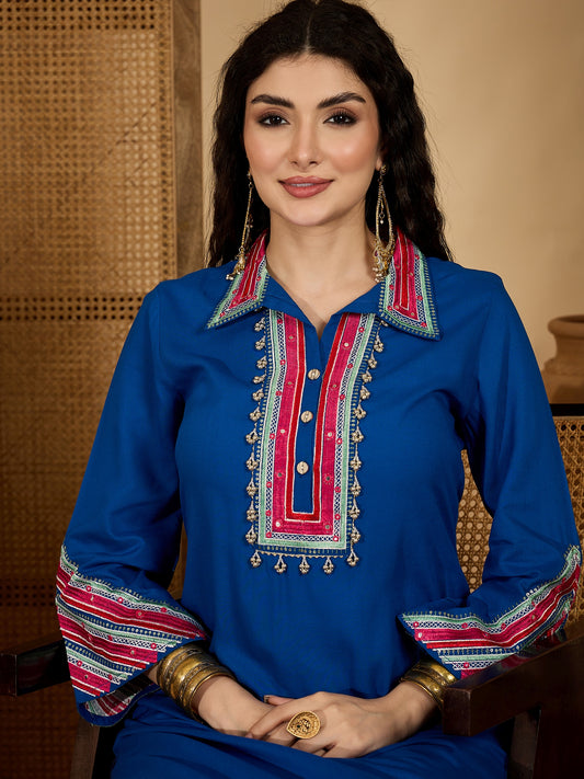 Stylum Women's Blue Solid & Embroidered Rayon A-Line Kurta Pant Set (KPBLUEIDAL)