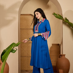 Stylum Women's Blue Solid & Embroidered Rayon A-Line Kurta Pant Set (KPBLUEIDAL)