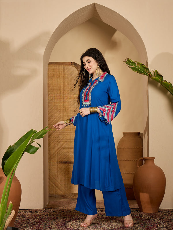 Stylum Women's Blue Solid & Embroidered Rayon A-Line Kurta Pant Set (KPBLUEIDAL)