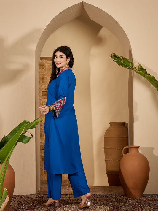 Stylum Women's Blue Solid & Embroidered Rayon A-Line Kurta Pant Set (KPBLUEIDAL)