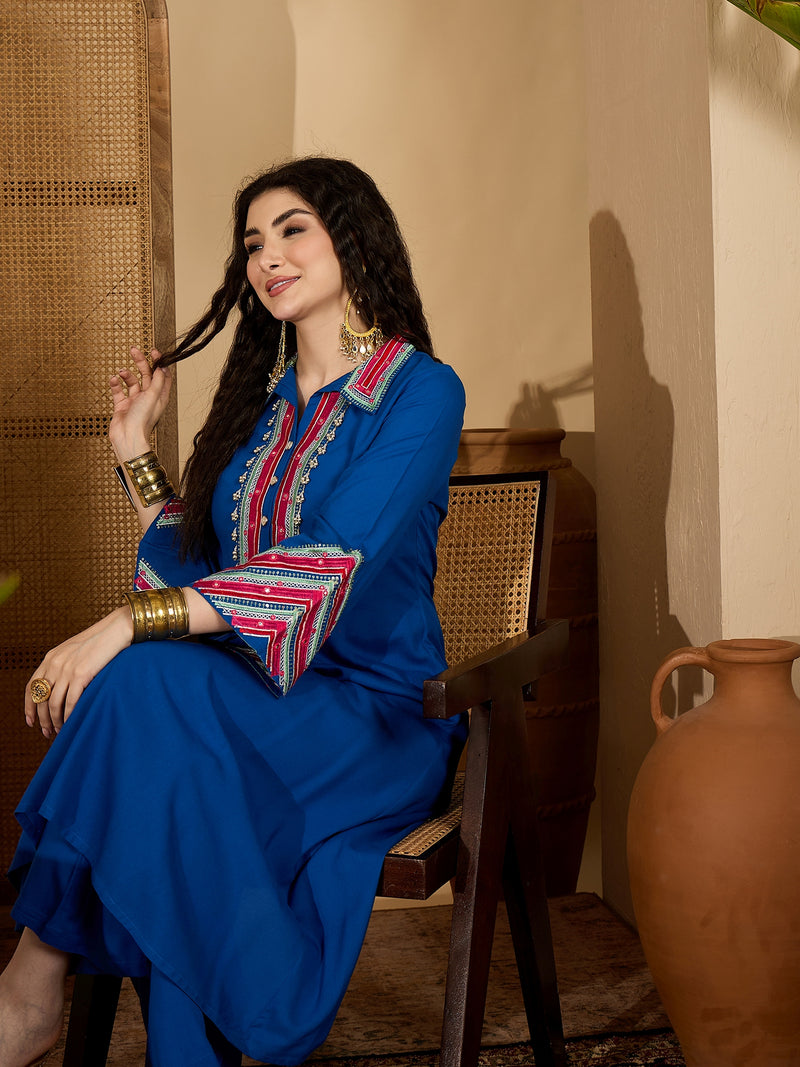 Stylum Women's Blue Solid & Embroidered Rayon A-Line Kurta Pant Set (KPBLUEIDAL)
