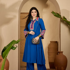 Stylum Women's Blue Solid & Embroidered Rayon A-Line Kurta Pant Set (KPBLUEIDAL)