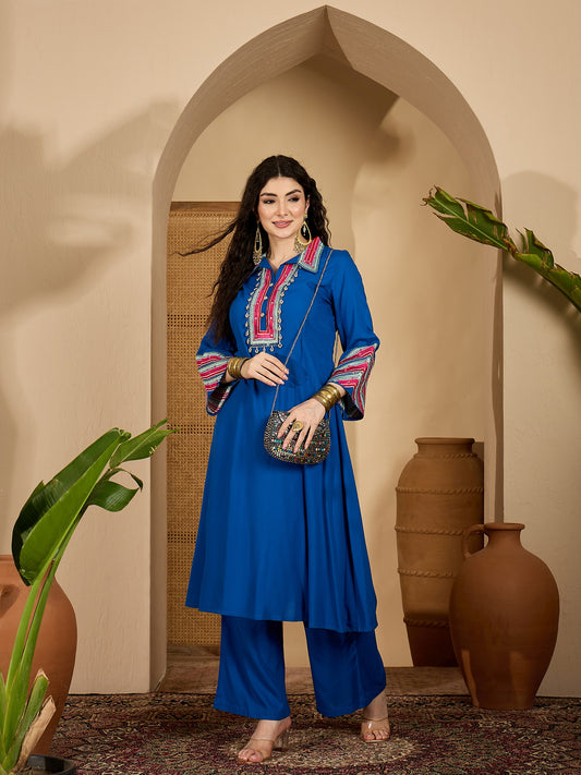 Stylum Women's Blue Solid & Embroidered Rayon A-Line Kurta Pant Set (KPBLUEIDAL)