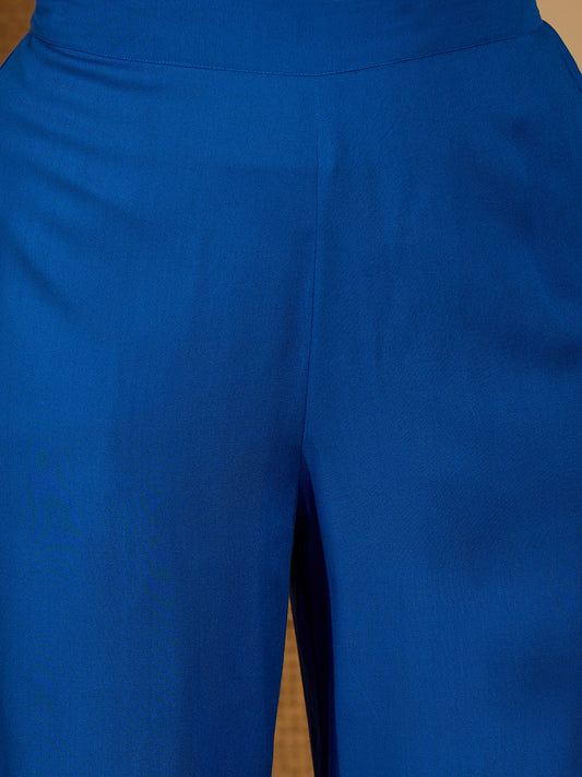 Stylum Women's Blue Solid & Embroidered Rayon A-Line Kurta Pant Set (KPBLUEIDAL)