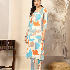 Stylum Women's Multi Abstract Printed Poly Crepe Straight Kurta Pant Set (KPBLUEKEVIN)