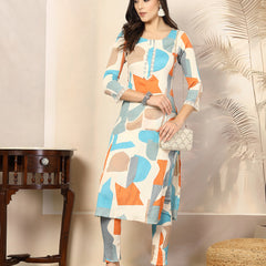 Stylum Women's Multi Abstract Printed Poly Crepe Straight Kurta Pant Set (KPBLUEKEVIN)