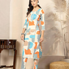 Stylum Women's Multi Abstract Printed Poly Crepe Straight Kurta Pant Set (KPBLUEKEVIN)