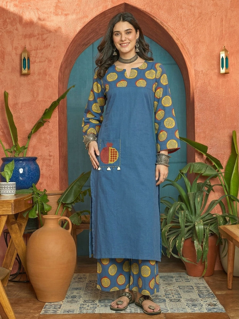 Stylum Women's Blue Printed Cotton Straight Kurta Palazzo Set (KPBLUENAPPA)
