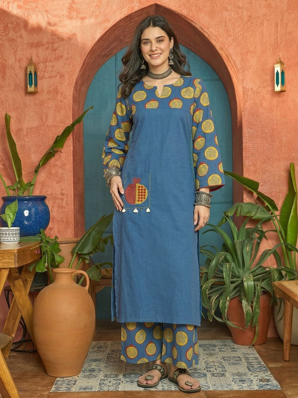Stylum Women's Blue Printed Cotton Straight Kurta Palazzo Set (KPBLUENAPPA)