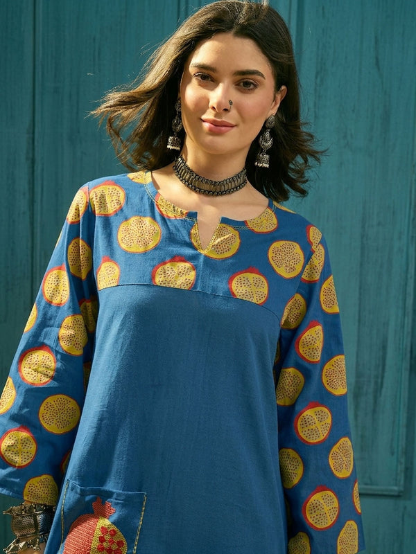 Stylum Women's Blue Printed Cotton Straight Kurta Palazzo Set (KPBLUENAPPA)