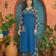 Stylum Women's Blue Printed Cotton Straight Kurta Palazzo Set (KPBLUENAPPA)