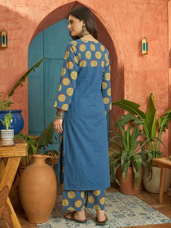 Stylum Women's Blue Printed Cotton Straight Kurta Palazzo Set (KPBLUENAPPA)