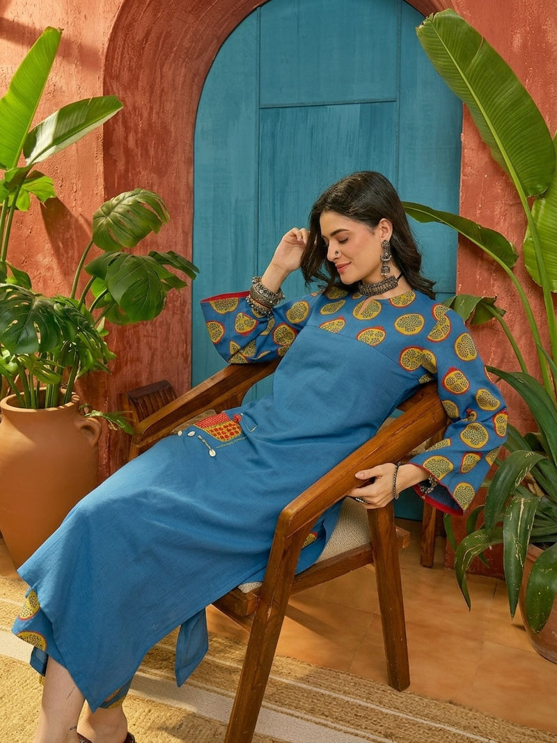 Stylum Women's Blue Printed Cotton Straight Kurta Palazzo Set (KPBLUENAPPA)