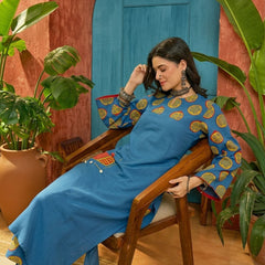 Stylum Women's Blue Printed Cotton Straight Kurta Palazzo Set (KPBLUENAPPA)