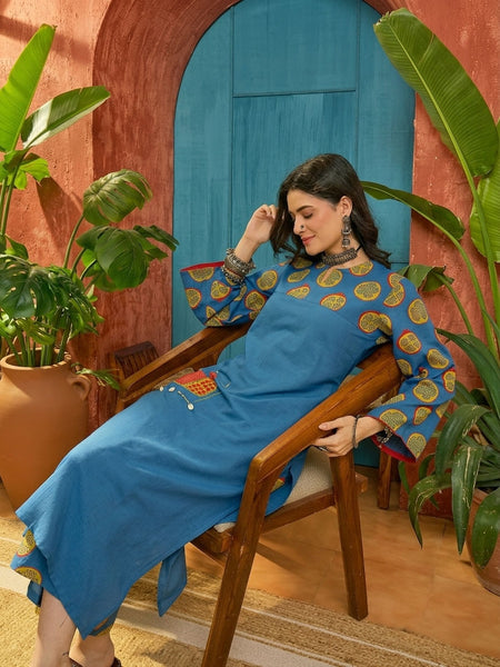 Stylum Women's Blue Printed Cotton Straight Kurta Palazzo Set (KPBLUENAPPA)