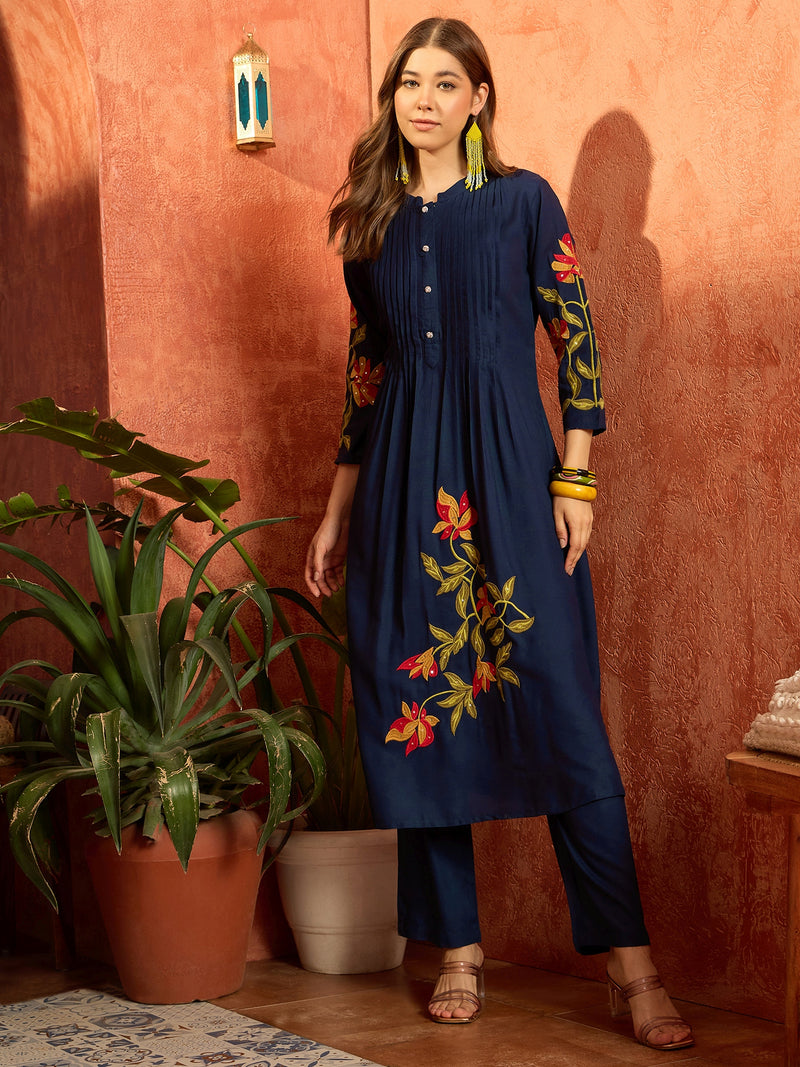 Stylum Women's Blue Solid & Embroidered Rayon Straight Kurta Pant Set (KPBLUEPHULWARI)