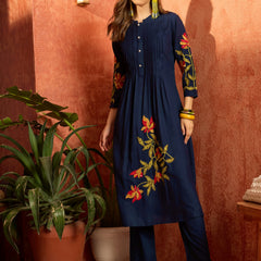 Stylum Women's Blue Solid & Embroidered Rayon Straight Kurta Pant Set (KPBLUEPHULWARI)