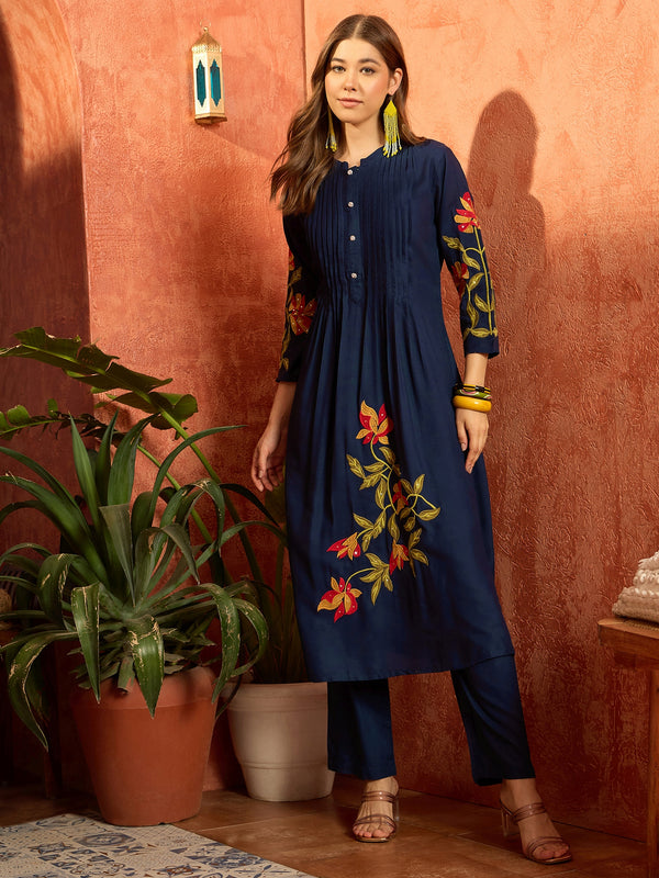 Stylum Women's Blue Solid & Embroidered Rayon Straight Kurta Pant Set (KPBLUEPHULWARI)
