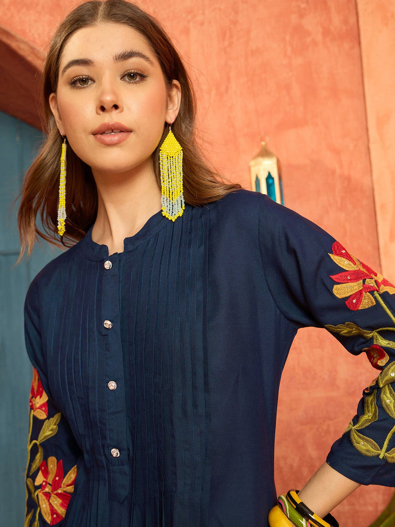 Stylum Women's Blue Solid & Embroidered Rayon Straight Kurta Pant Set (KPBLUEPHULWARI)